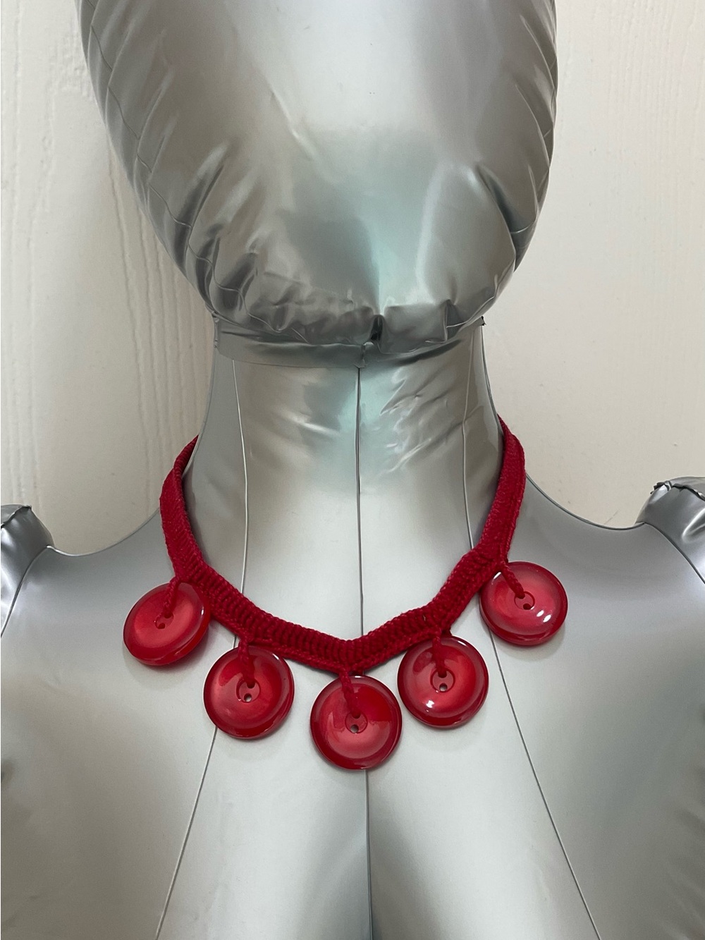 Red Crocheted Button Necklace approx 17 in